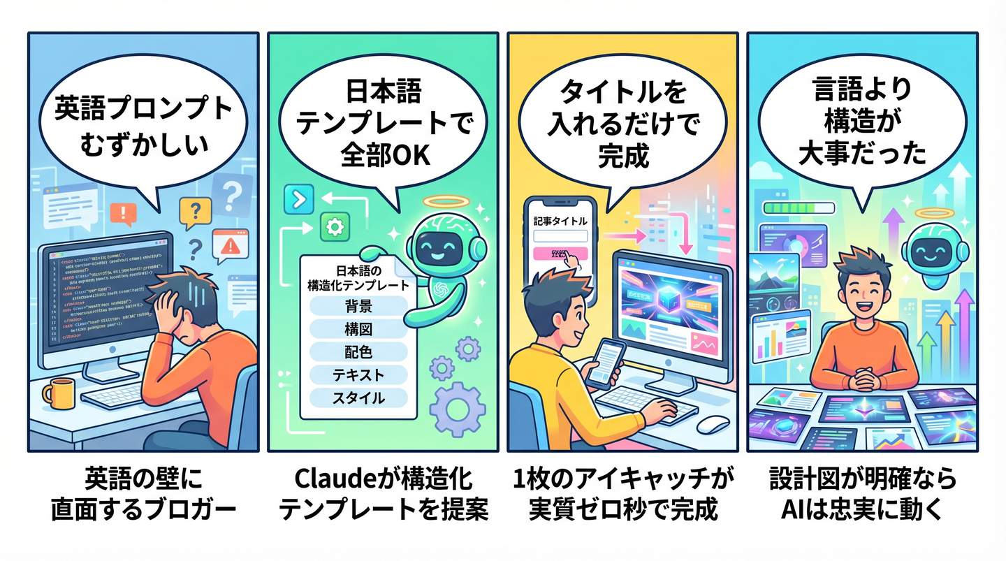 AIアイキャッチ日本語プロンプト活用法の4コマ漫画