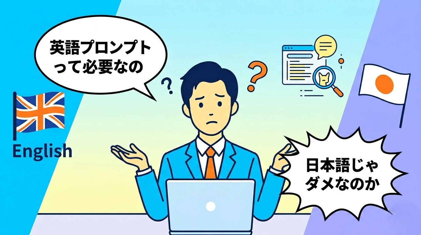英語プロンプトが必要か悩むブロガーのイラスト