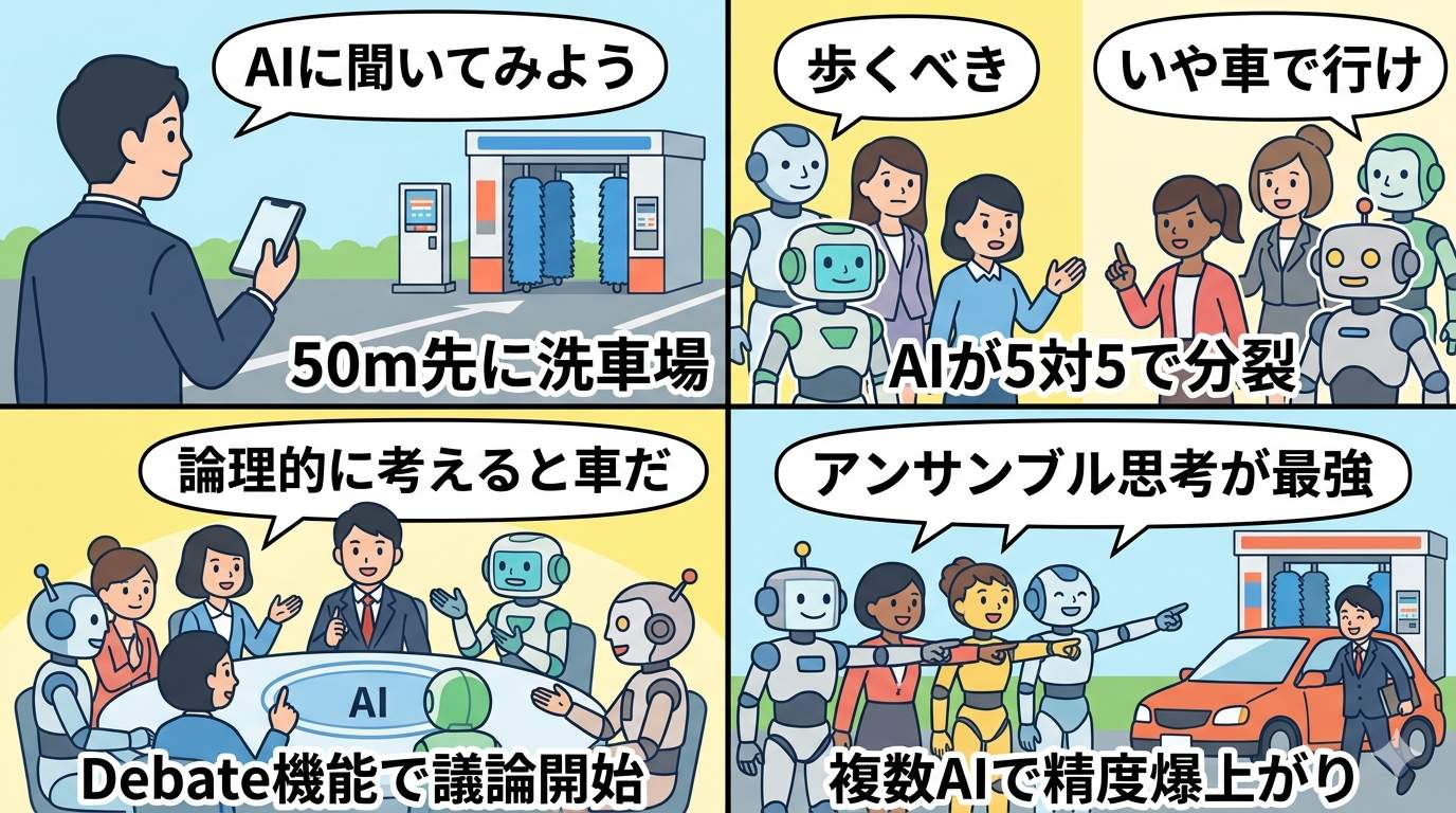 洗車テストからAI Roundtableのアンサンブル思考までを描いた4コマ漫画