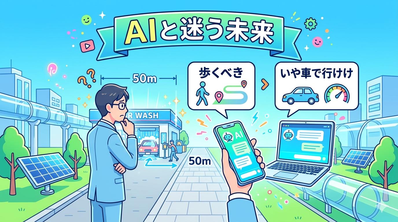 50m先の洗車場を前に悩むビジネスパーソンとAIの回答が割れる場面