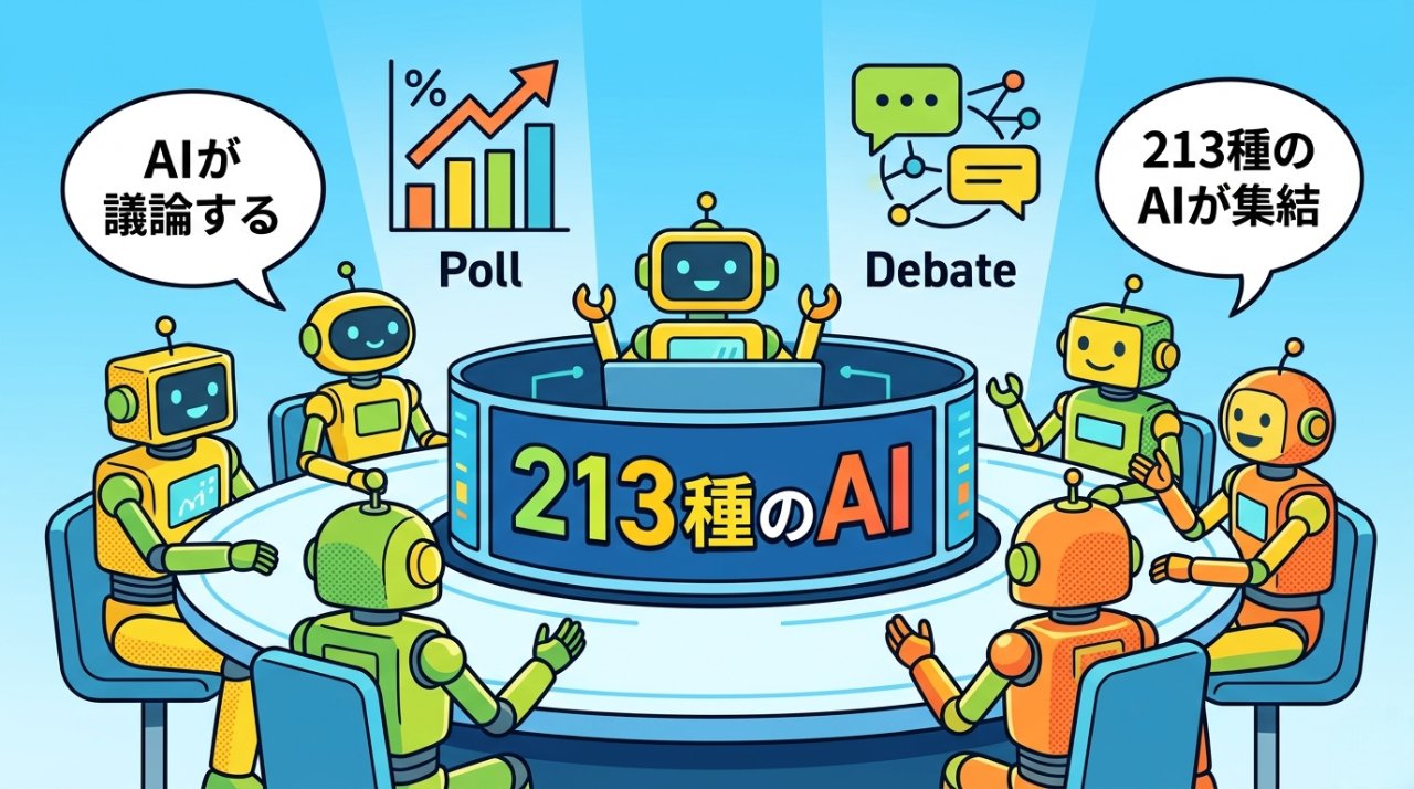 213種のAIが集まる円卓でPollとDebate機能を使って議論するイメージ
