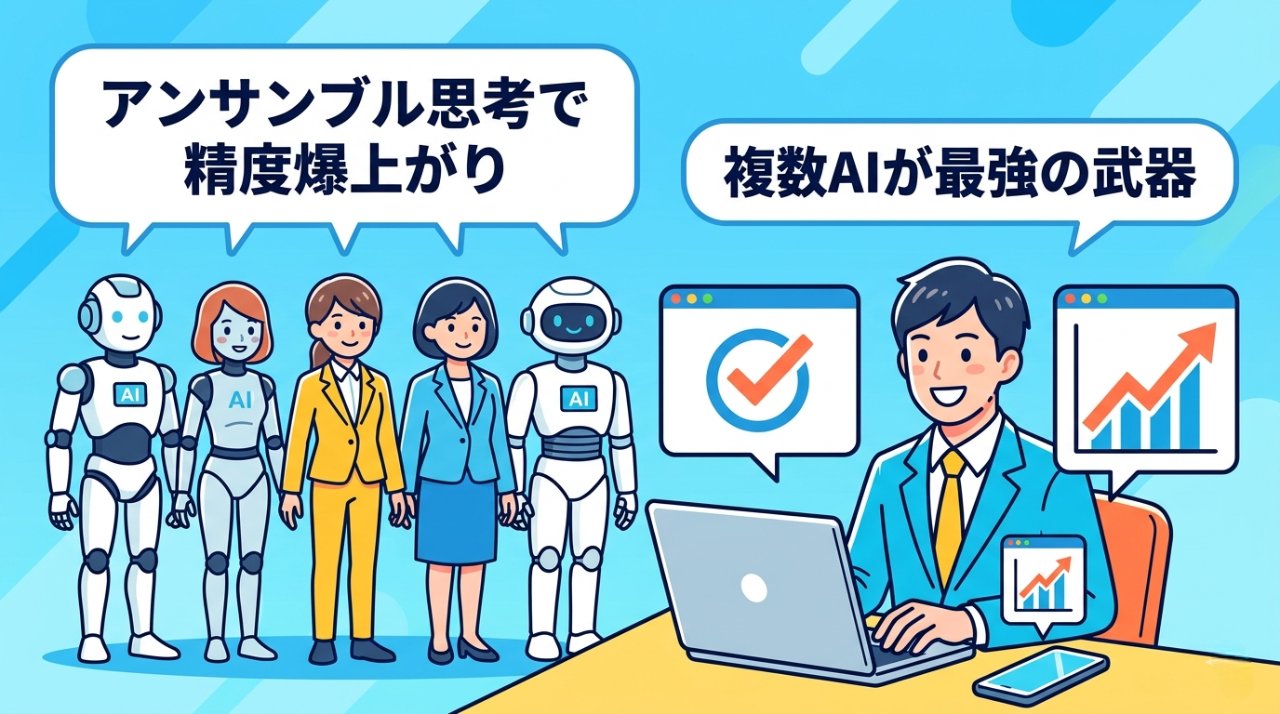 複数AIとアンサンブル思考で精度爆上がりを実現したビジネスパーソンの未来イメージ