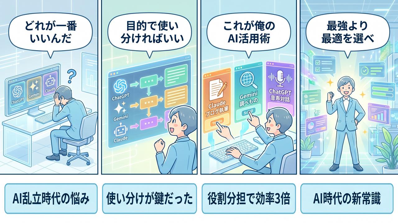 AI使い分けの流れを4コマ漫画で図解