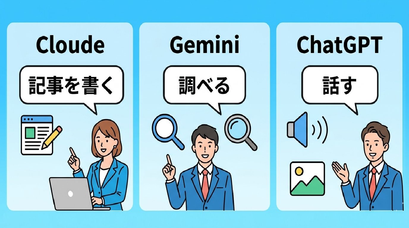 Claude・Gemini・ChatGPTそれぞれの得意領域を示す3分割図解