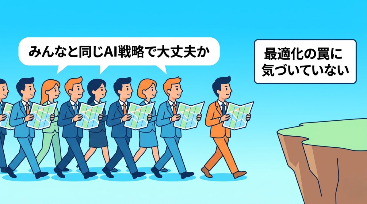 同じ地図を持ち崖に向かって歩くビジネスパーソンたちのイラスト