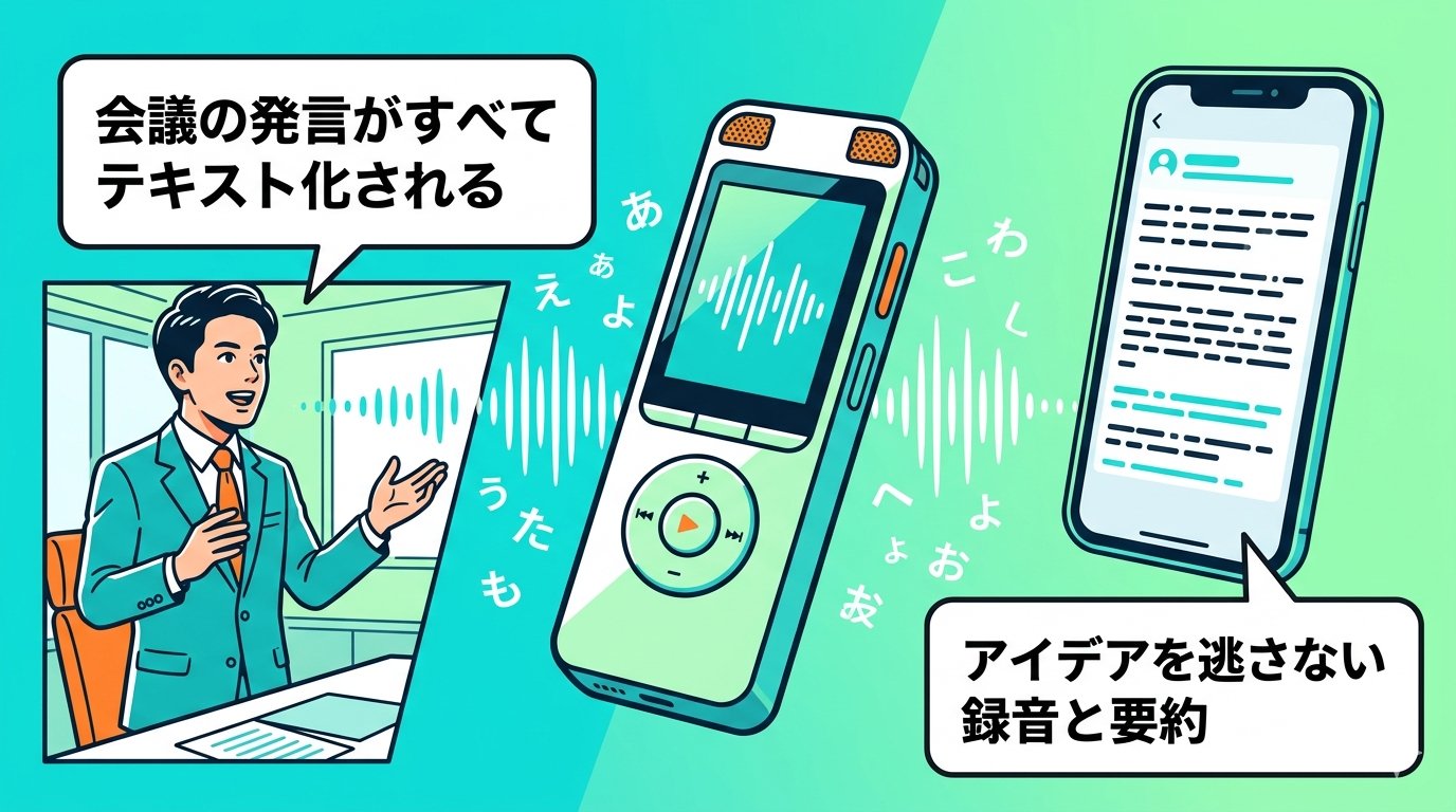 AIボイスレコーダーPLAUD NOTEで会議の発言をテキスト化するイラスト