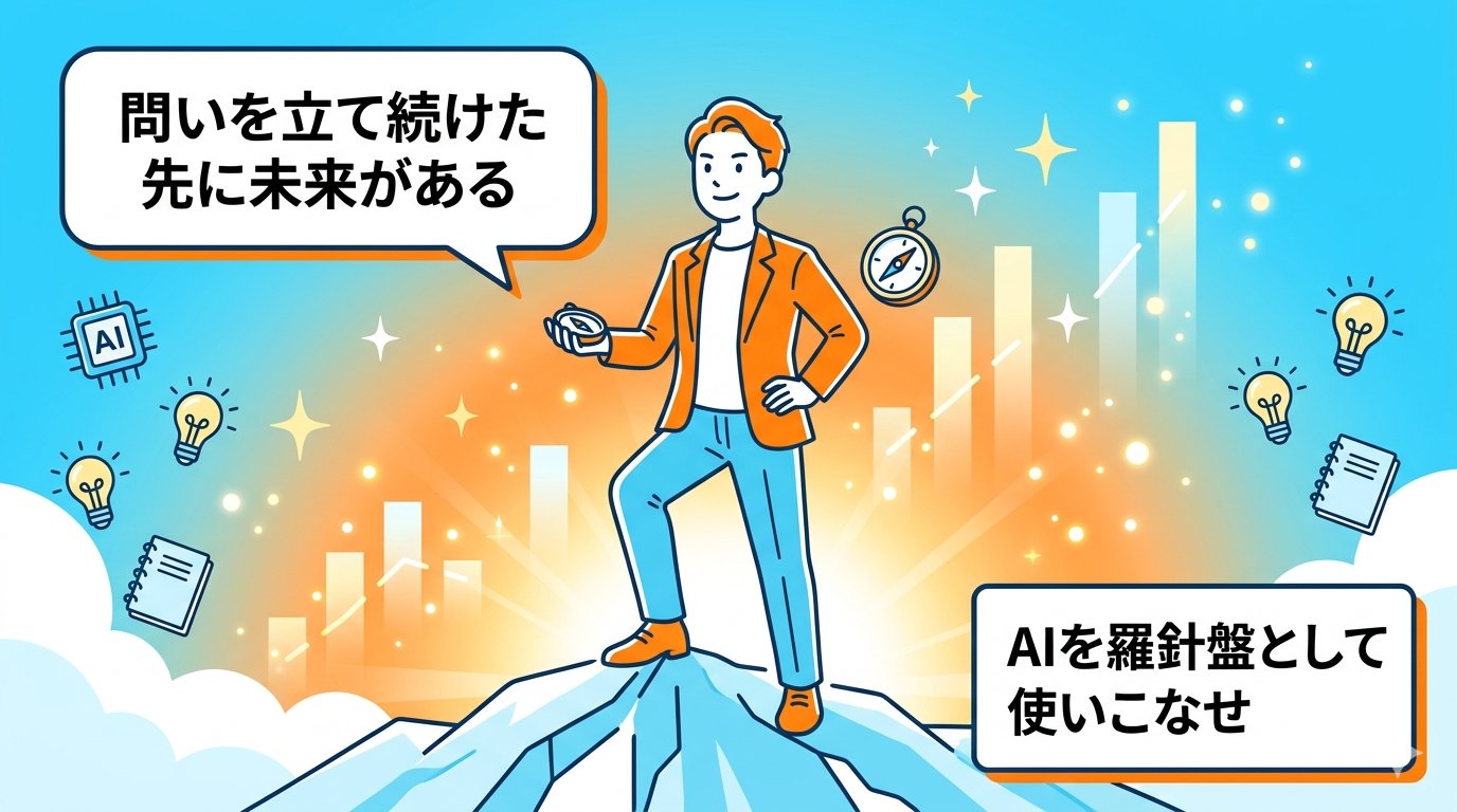 羅針盤を手に山頂に立つ経営者のイラスト