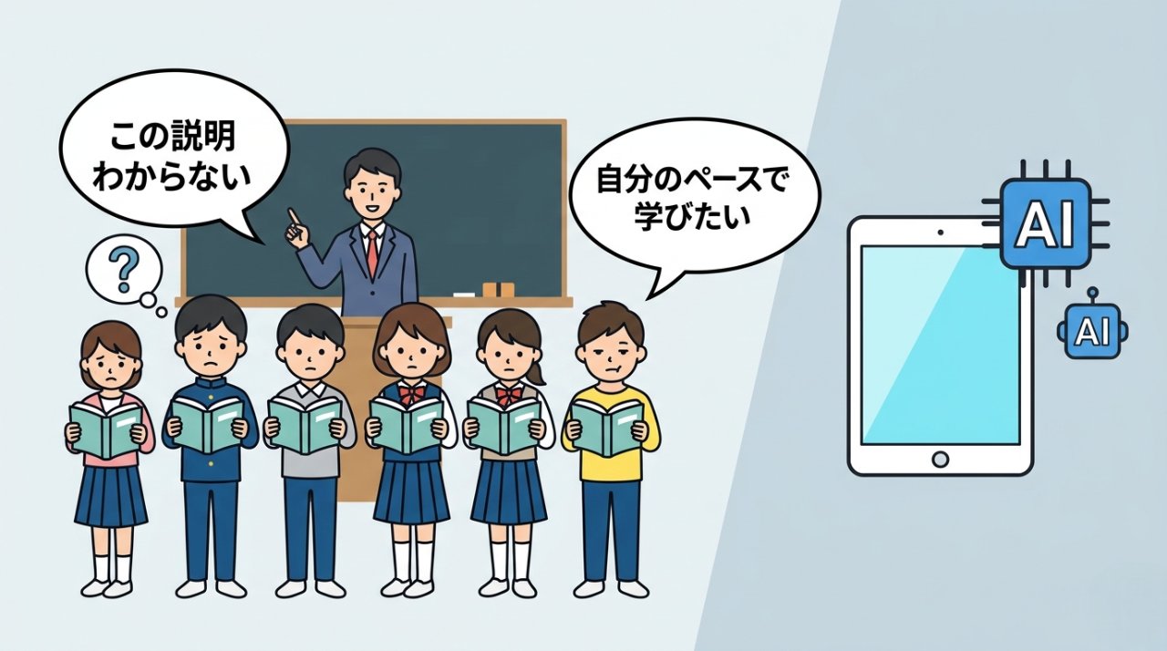 画一的な教育の限界とAIによる個別最適化の対比イラスト