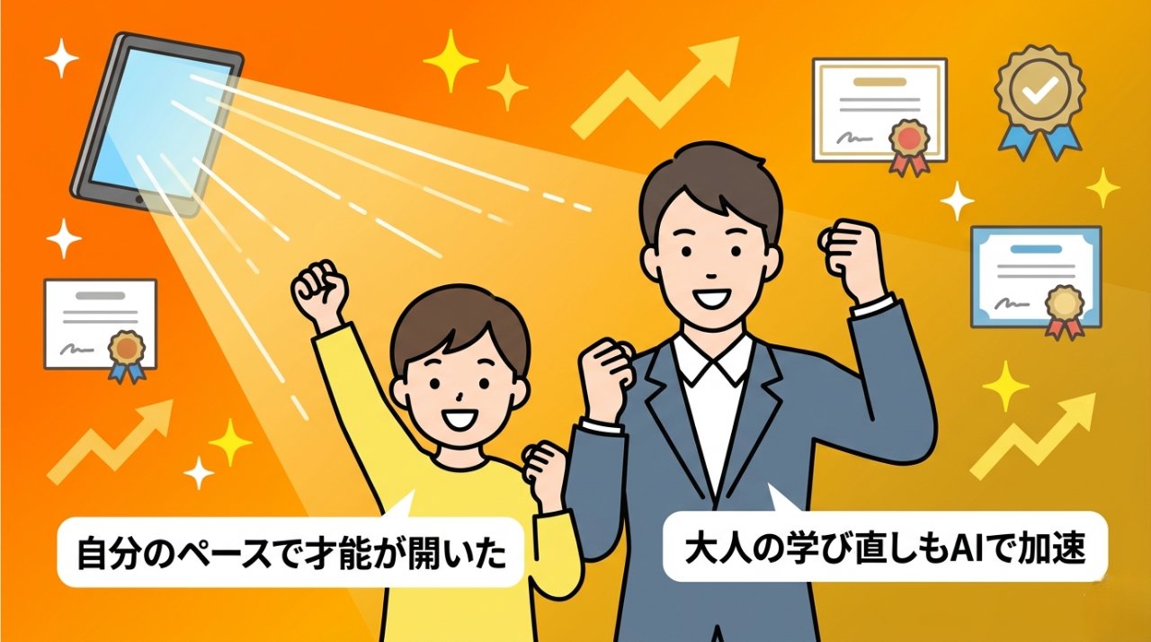 AIで才能が開花した子どもと大人の学び直しが加速する未来イメージイラスト