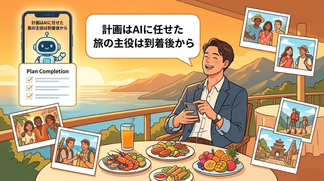 旅先でAIに計画を任せてリラックスしているビジネスパーソンのイラスト