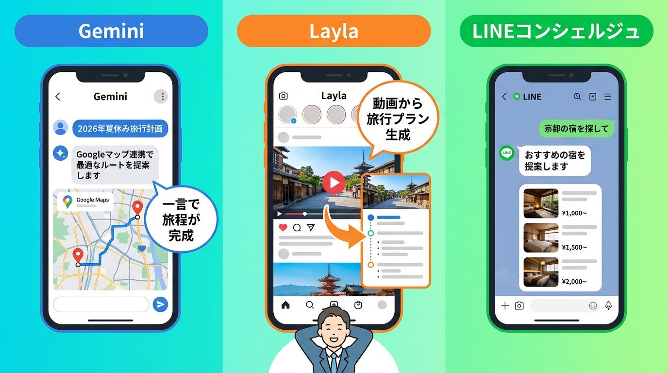 Gemini・Layla・LINEコンシェルジュの3大AIトラベル機能を比較した図解