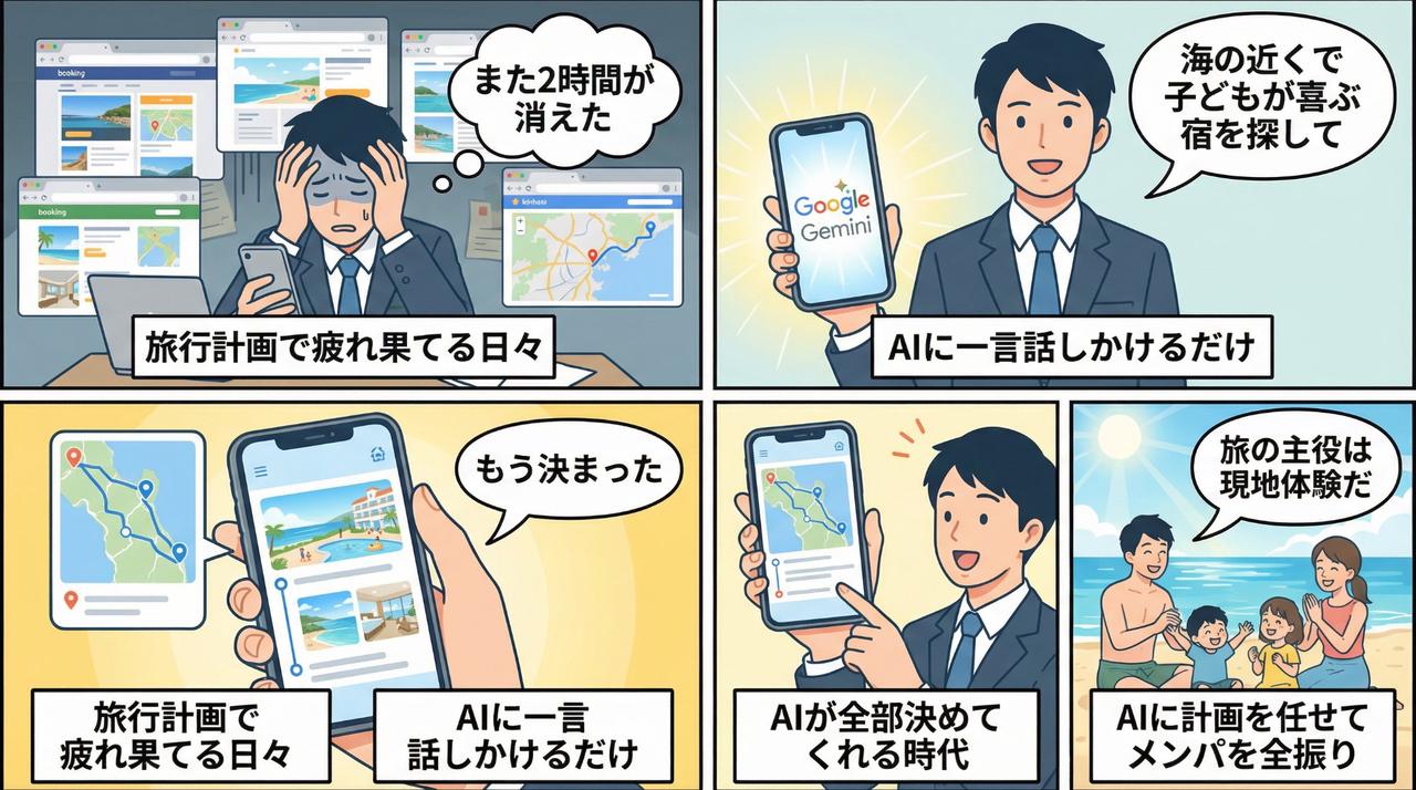 AI旅行計画の流れを描いた4コマ漫画:計画疲れからAI活用・現地体験へ
