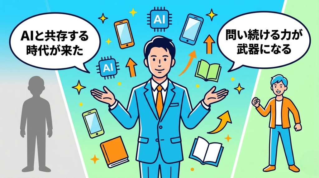 AIと共存する明るい未来に向かって前向きに立つビジネスパーソンのイラスト