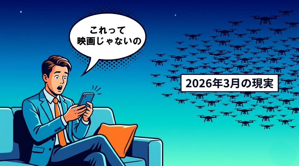 ソファでニュースを見て驚くビジネスパーソンと空を埋めるドローンの群れ