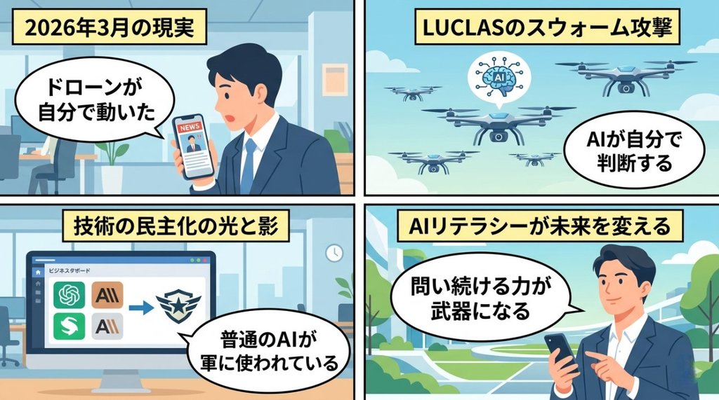 AI自律兵器から技術の民主化・AIリテラシーまでを描いた4コマ漫画