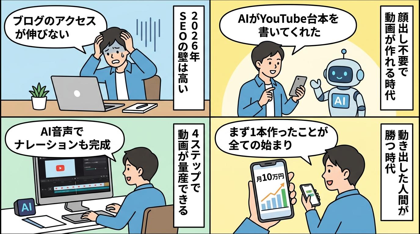 AI×YouTube副業の流れを描いた4コマ漫画：悩み・AIとの出会い・制作・月10万円達成