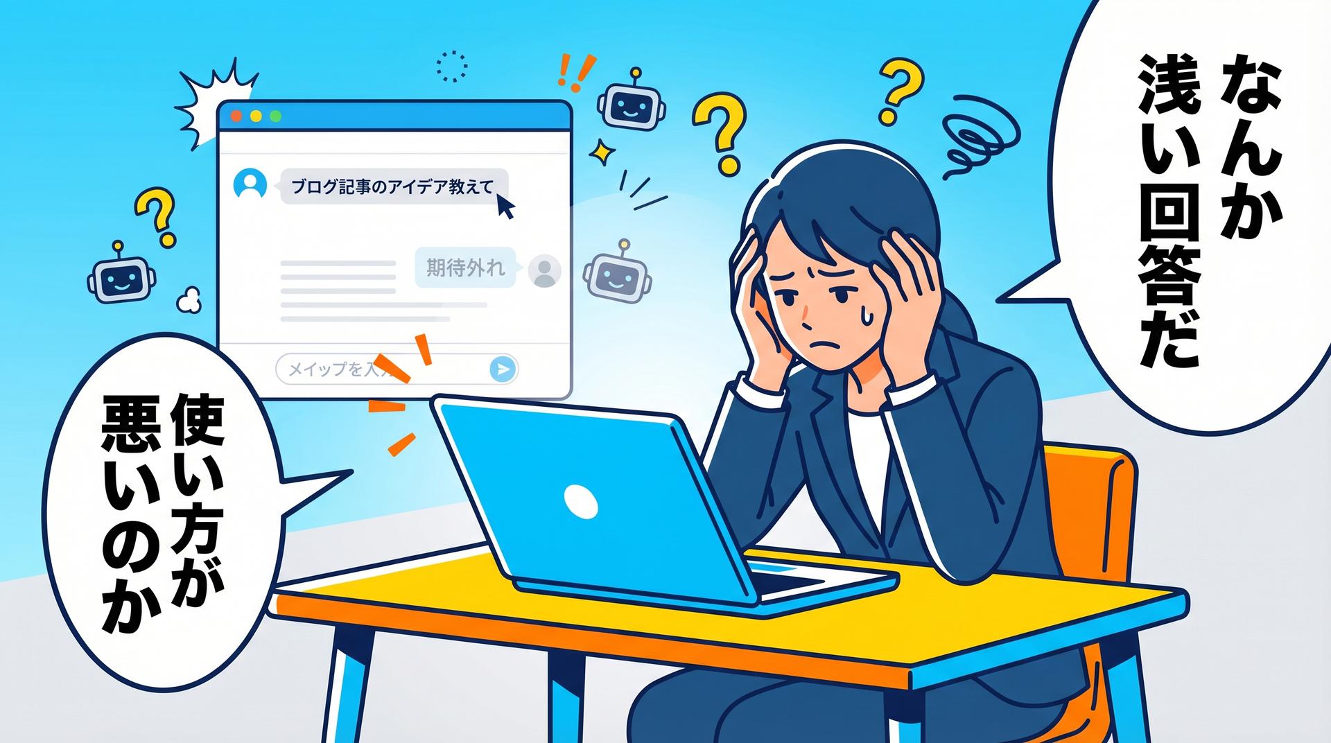 AIへの指示が曖昧で期待外れの回答しか出ない悩みを表すビジネスパーソンのイラスト