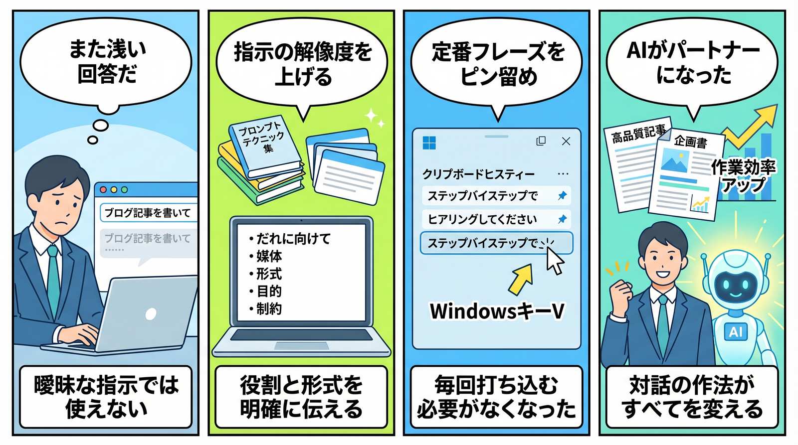 プロンプトの工夫でAIの回答が劇的に変わる体験を描いた4コマ漫画イラスト
