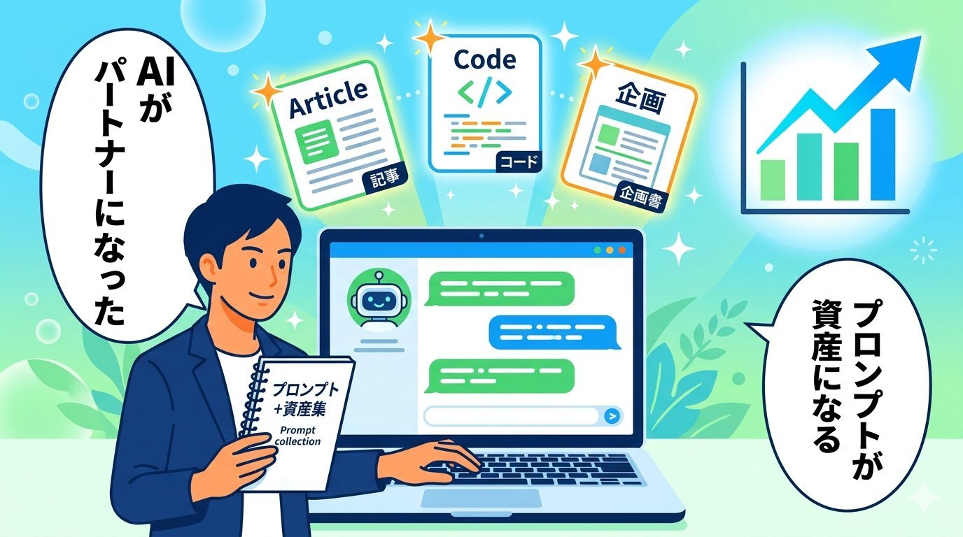 プロンプトの習慣を身につけAIをパートナーとして活用する理想の未来イメージイラスト