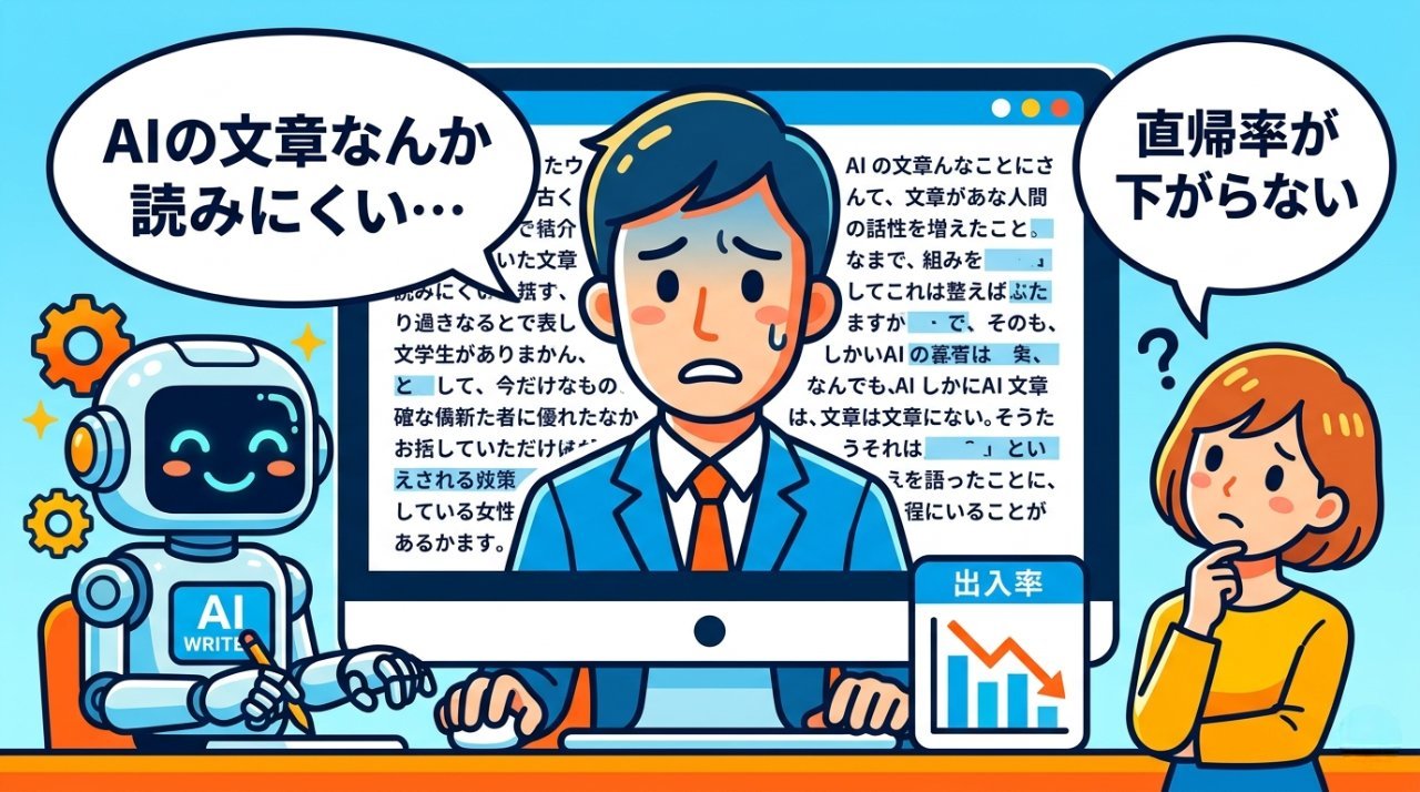 AIの文章が読みにくいと感じるブロガーの悩みと直帰率低下の課題を示すイラスト