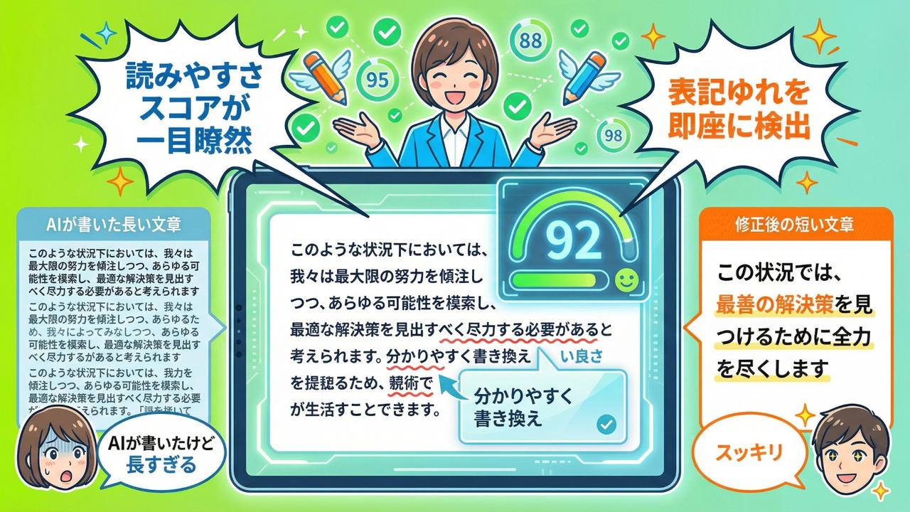 文賢の読みやすさスコアや表記ゆれ検出・言い換え提案機能を紹介するイラスト