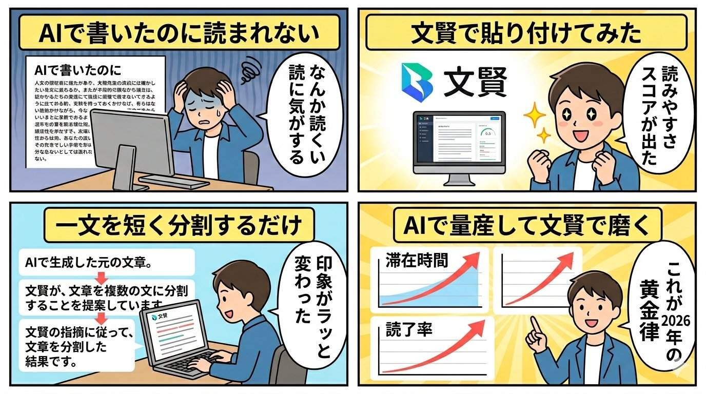 AIライティングと文賢を組み合わせた4ステップのワークフローを示す4コマ漫画