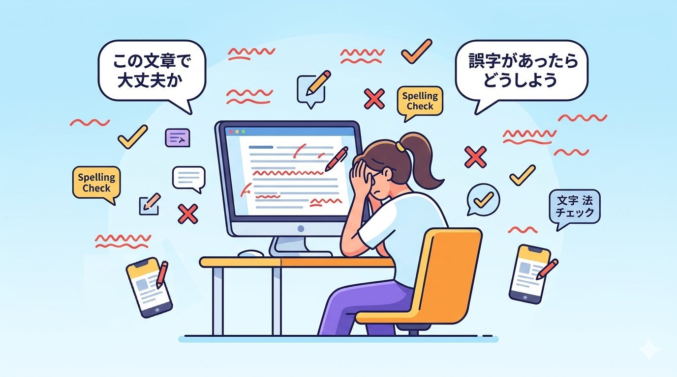 ブログ執筆中に文章の不安を感じるブロガーのイラスト