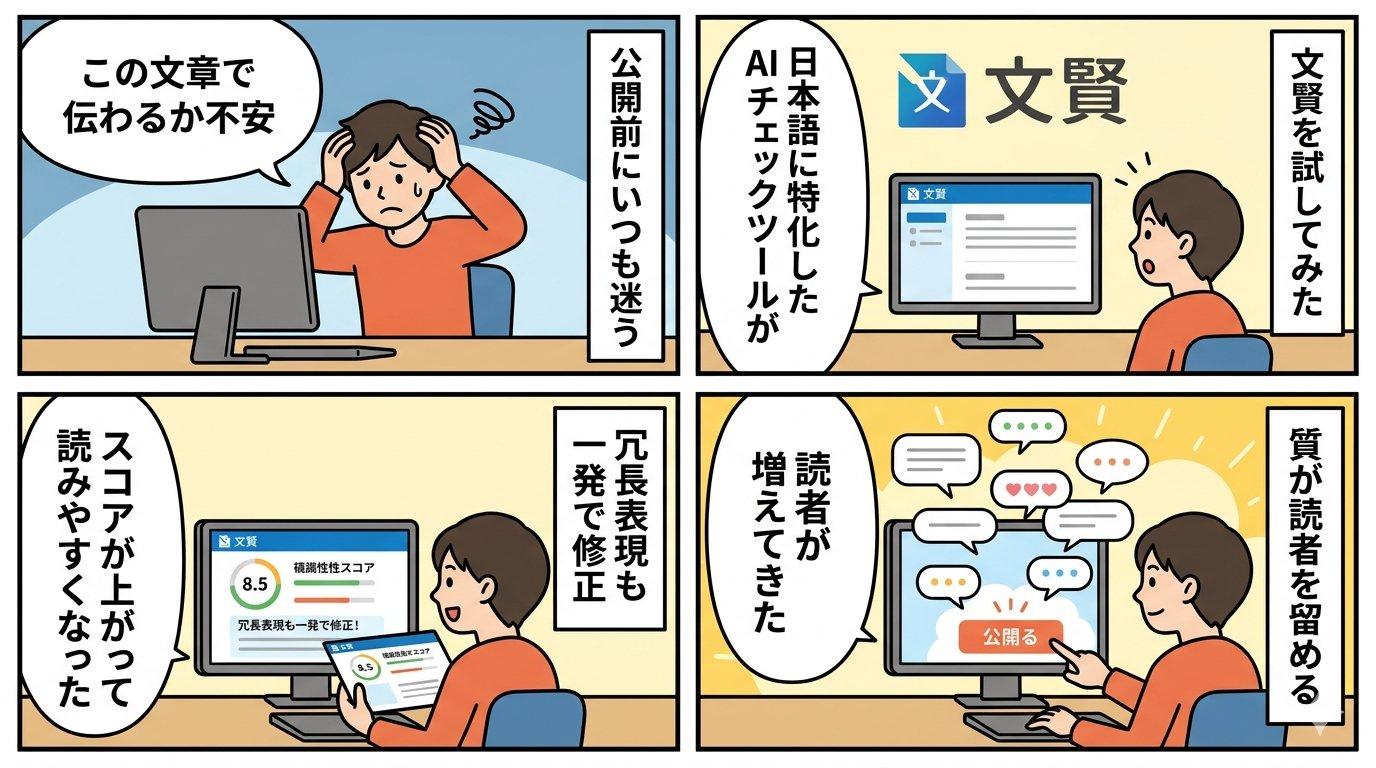 文賢の使い方を4コマで図解した漫画イラスト