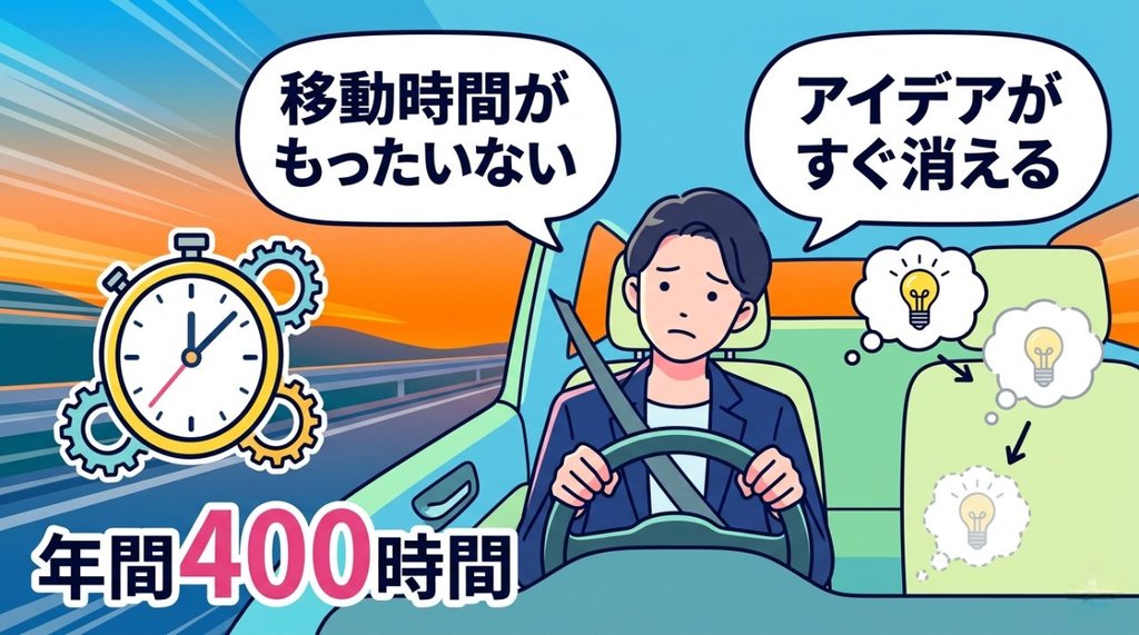 移動時間がもったいない・年間400時間が消えていく様子のイラスト