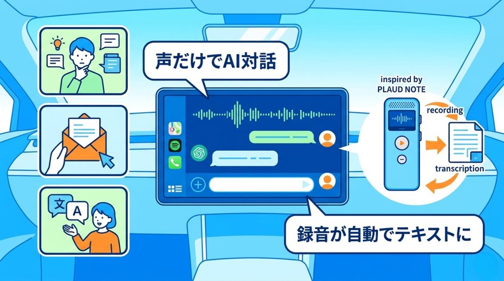 CarPlayのダッシュボード画面でAI音声対話・PLAUD NOTEで録音から文字起こしまでの流れ
