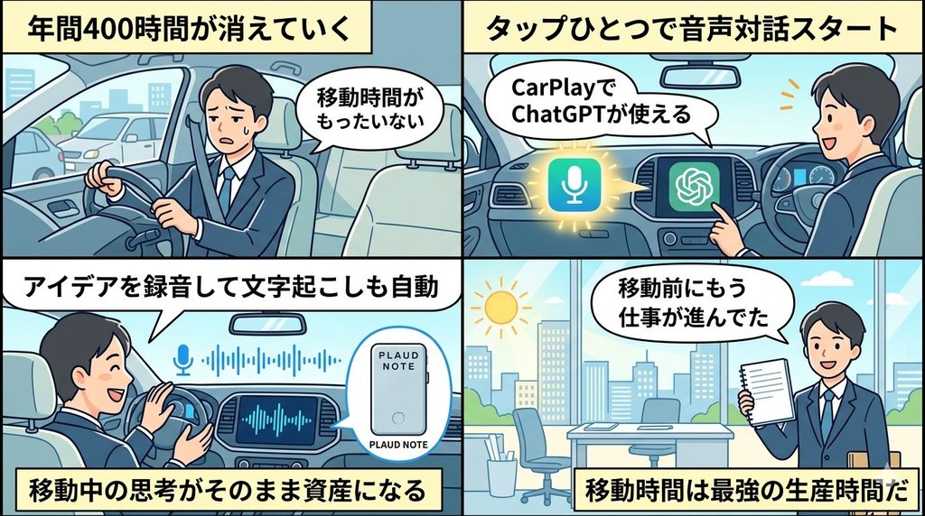 ChatGPT×CarPlay×PLAUD NOTEの活用を描いた4コマ漫画