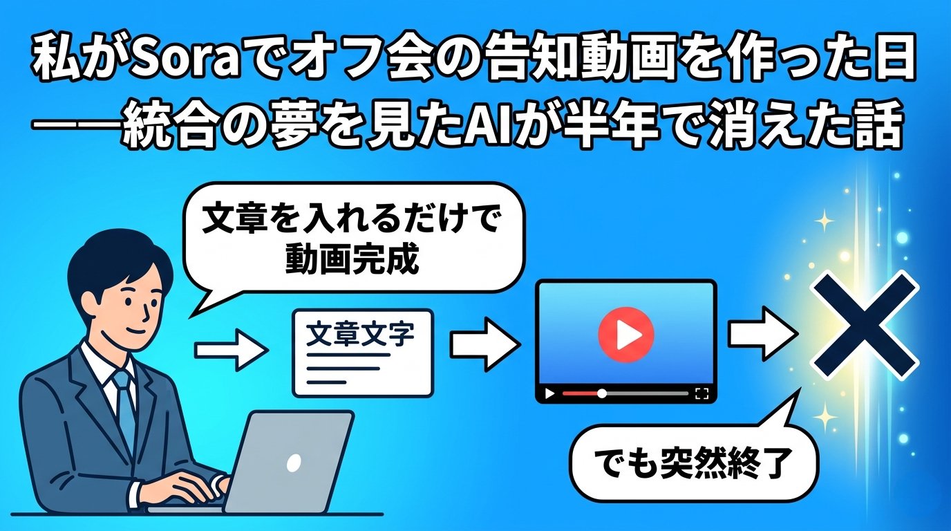 文章入力から動画生成、そして突然の終了を示す図解イラスト
