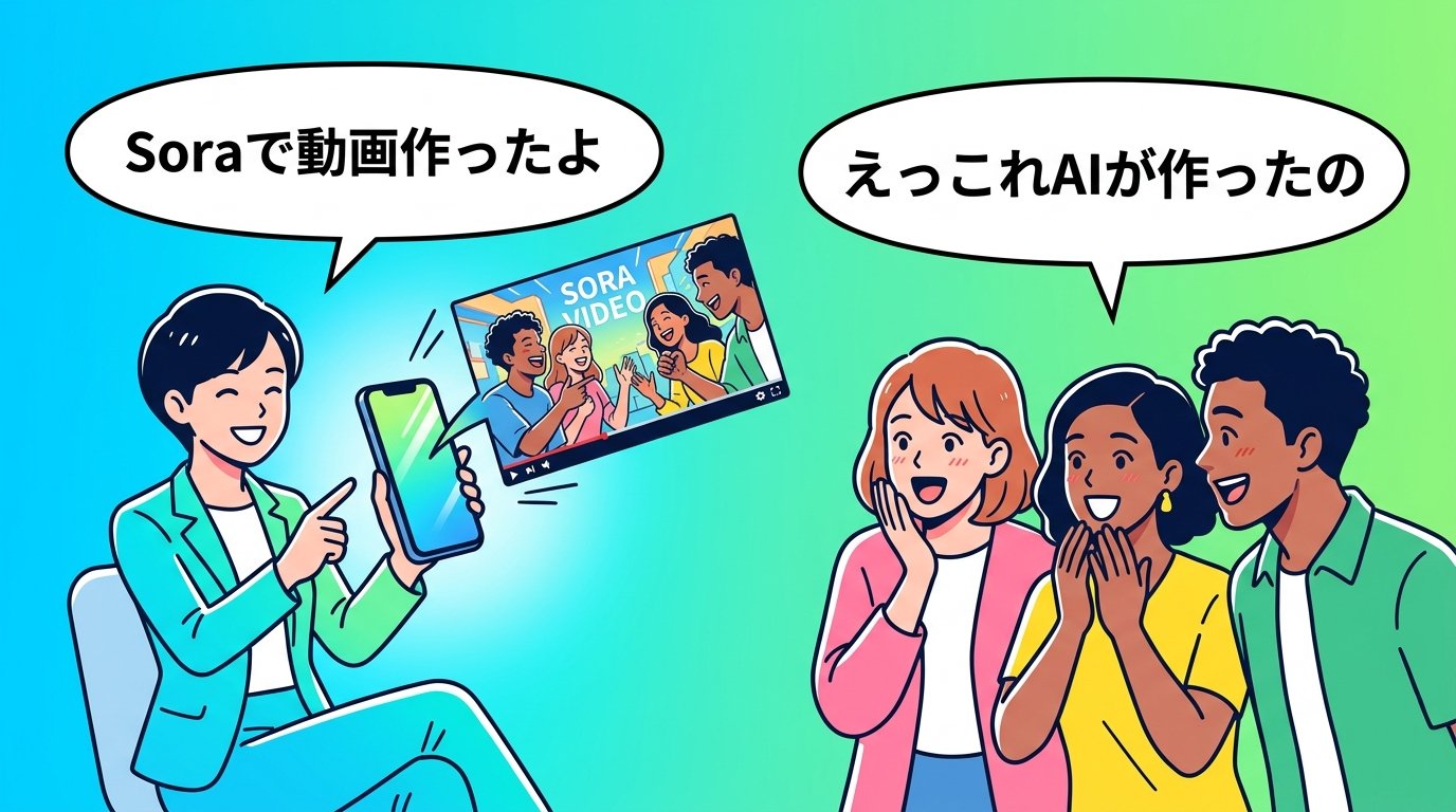 Soraで作った動画を仲間に見せて驚かれる場面のイラスト