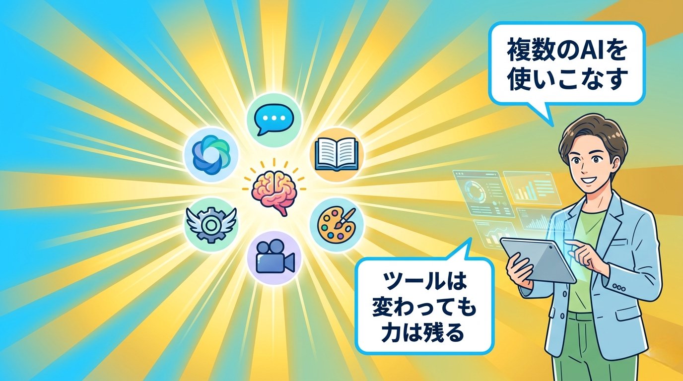 複数のAIツールを使いこなして未来へ進む人物のイラスト