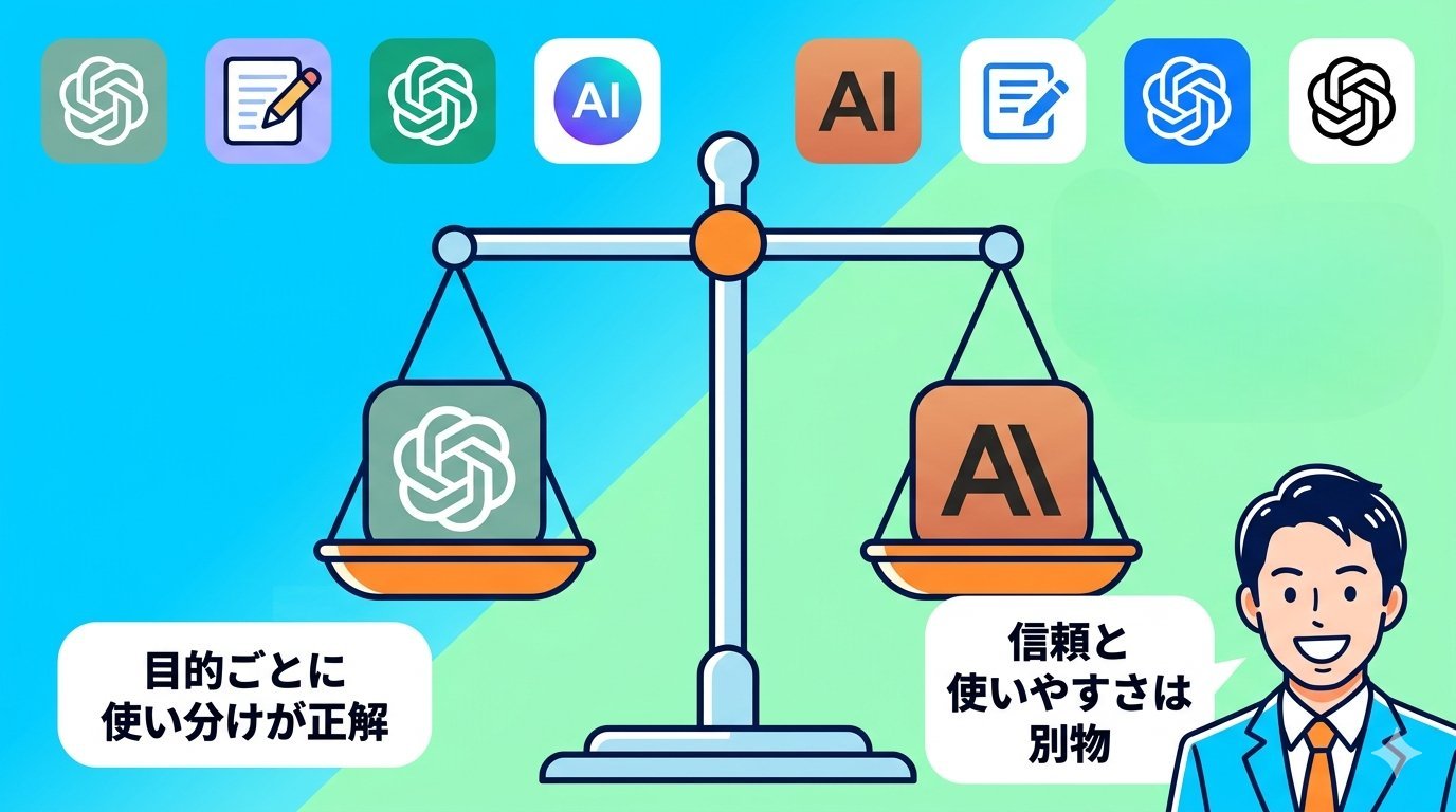 ChatGPTとClaudeを天秤にかけAI使い分けを示すイラスト