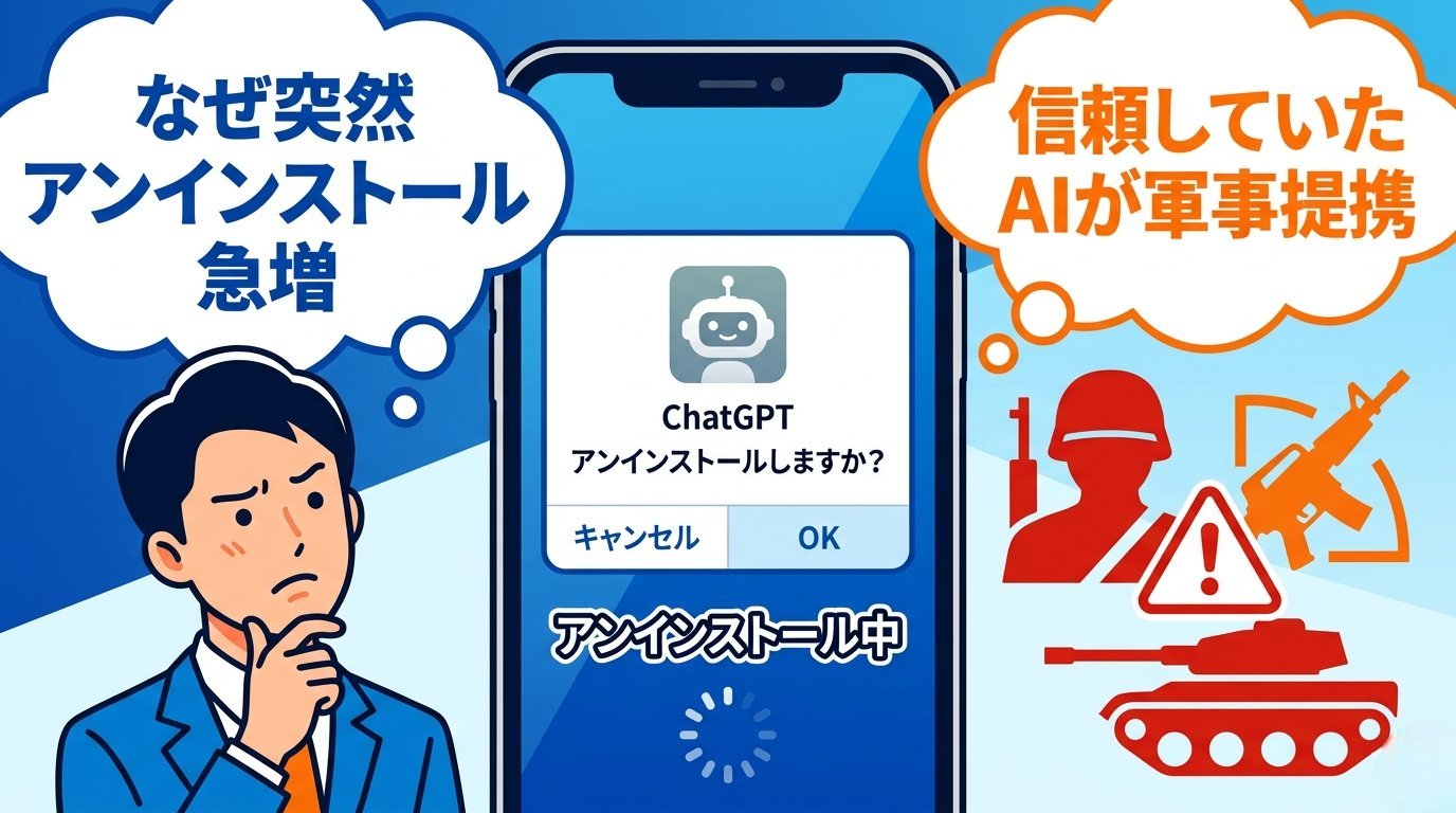 ChatGPTアンインストール急増と軍事提携への幻滅を表す導入イラスト