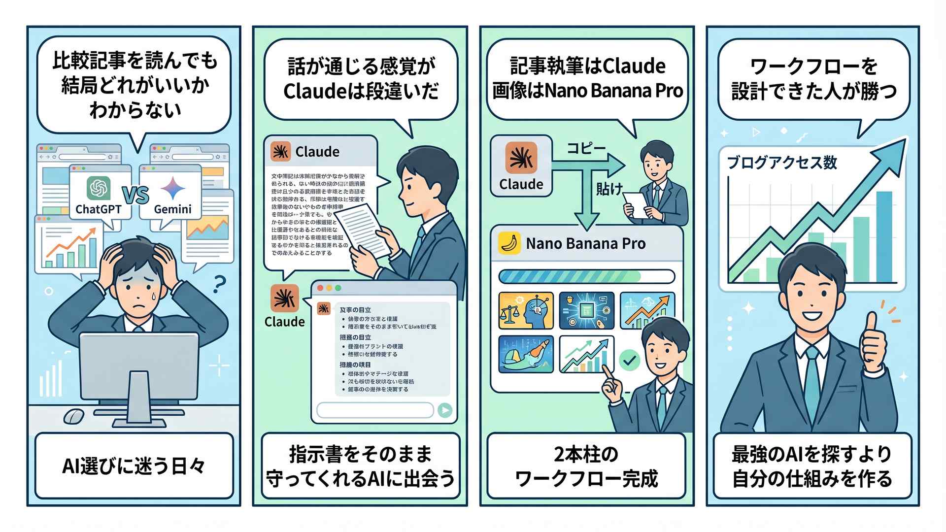 AI選びの試行錯誤からClaudeとNano Banana Proの2本柱ワークフロー確立までの4コマ漫画