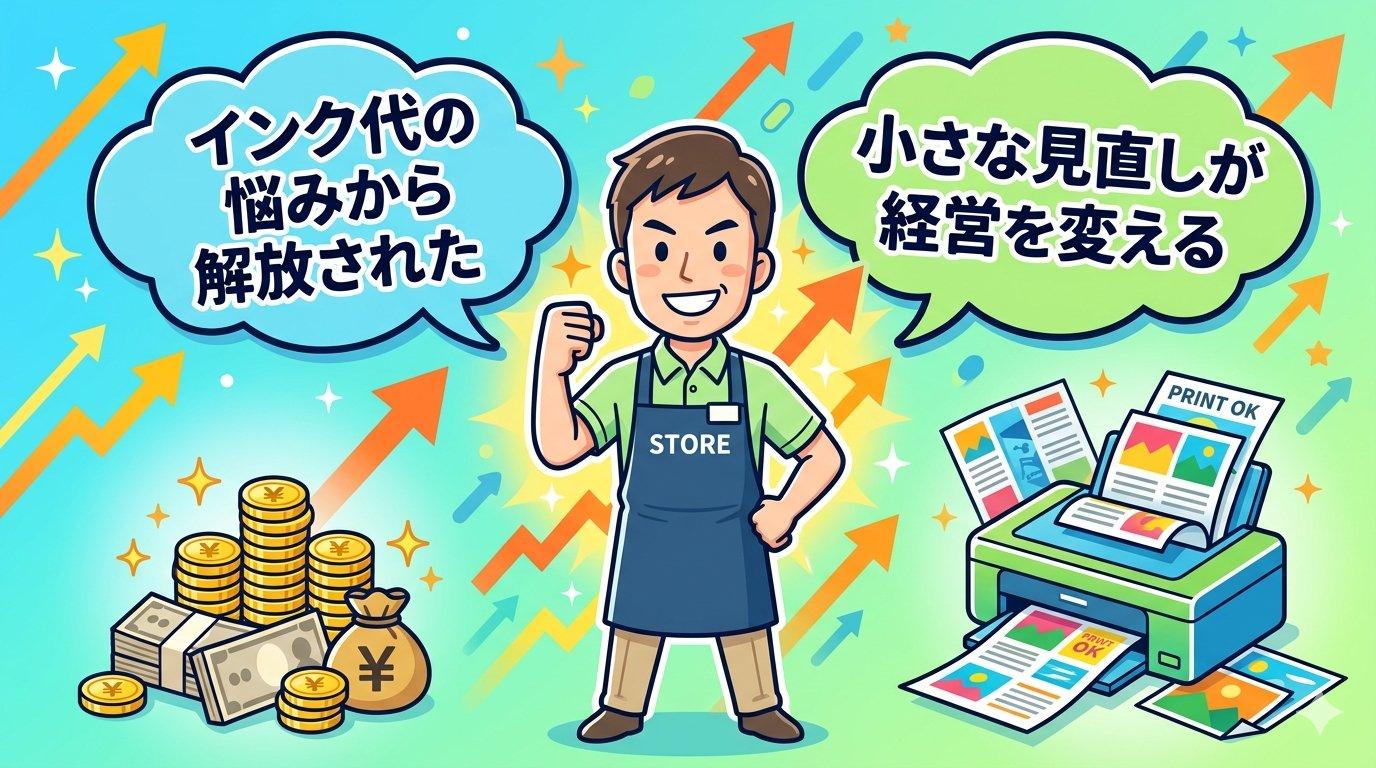 互換インク乗り換えで節約を実現した店舗オーナーのガッツポーズイラスト