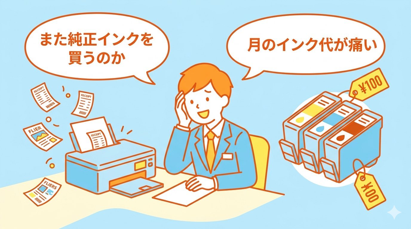 純正インクのコストに悩むビジネスパーソンと高額なインクカートリッジのイラスト
