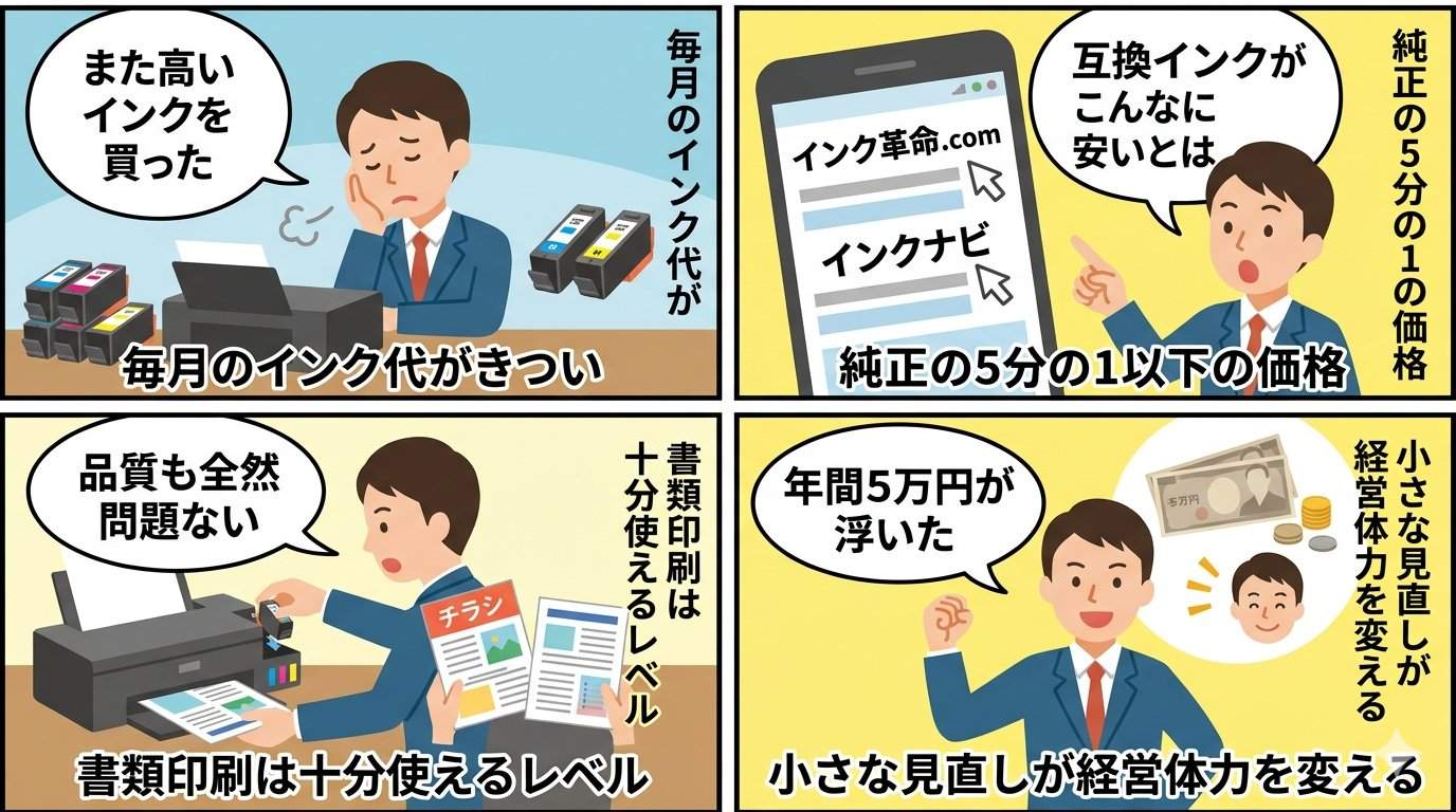 互換インク乗り換えの流れを描いた4コマ漫画イラスト