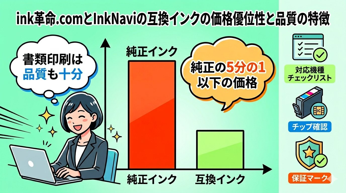 純正インクと互換インクの価格比較グラフと対応機種チェックリストのイラスト