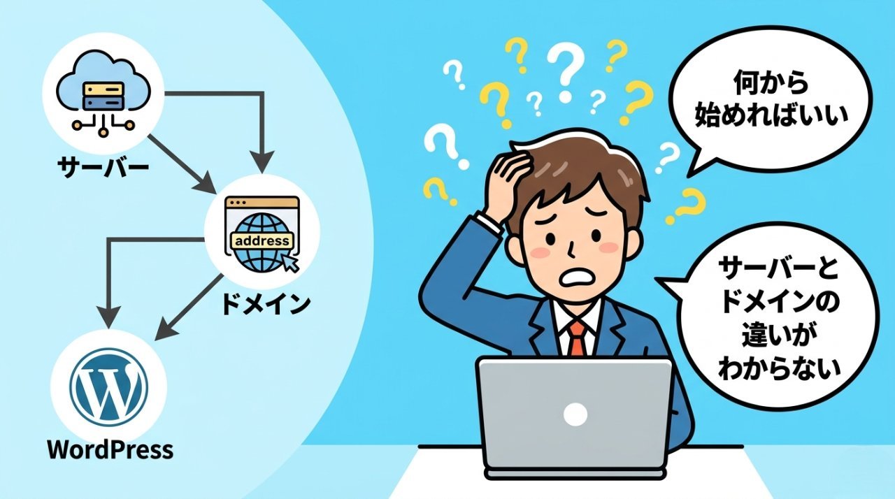 サーバー・ドメイン・WordPressの関係がわからず悩む初心者のイラスト