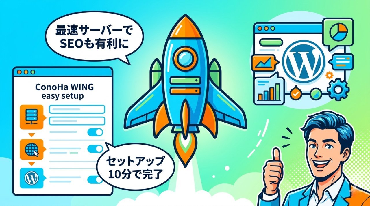 ConoHa WINGのかんたんセットアップとロケットのイラスト