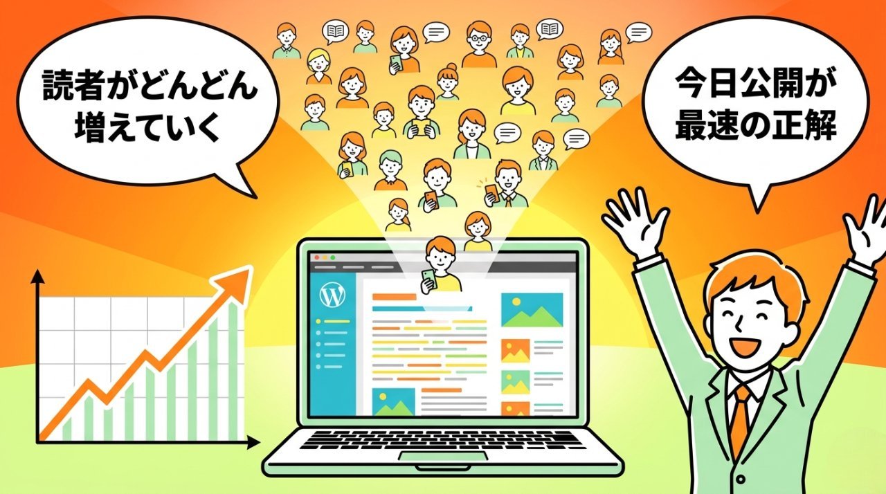WordPressブログを公開して読者が集まりアクセスが増えていく未来のイラスト