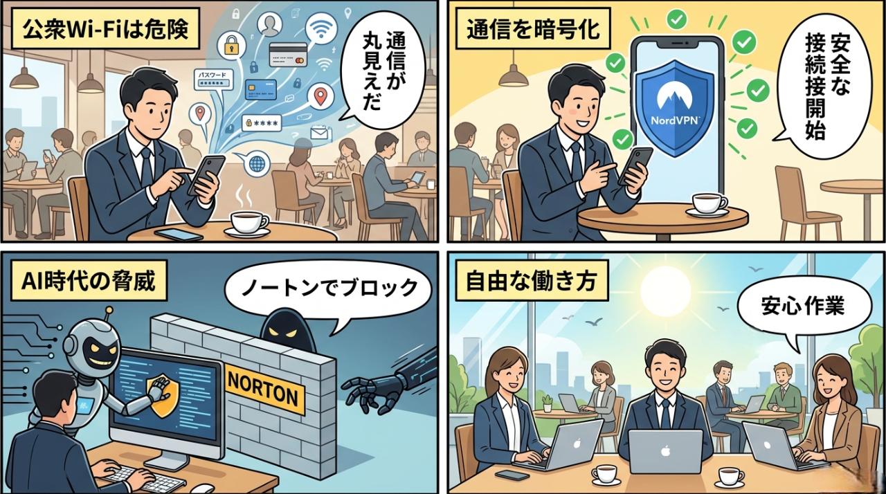 公衆Wi-Fiの危険からNordVPNとノートンで守り安心して働ける未来を描いた4コマ漫画