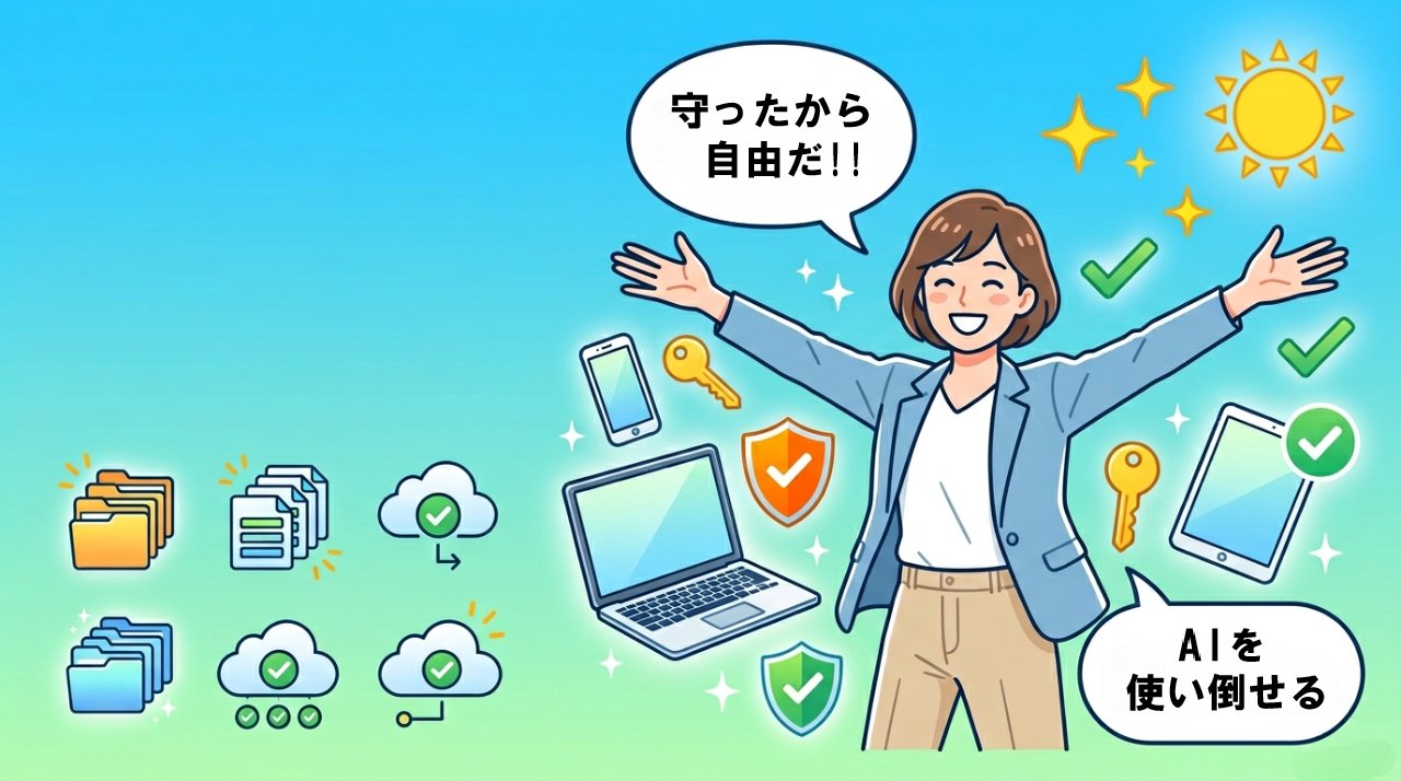 守ったから自由だとガッツポーズする女性のイラスト。AIを使い倒せるという未来イメージ