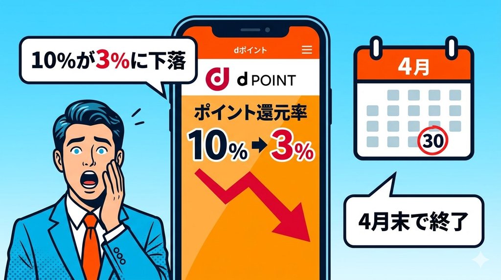 dポイントアプリに10%→3%の下落が表示されショックを受けるビジネスパーソンと4月30日のカレンダー