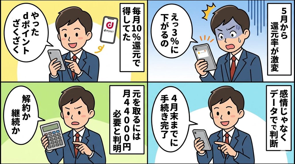 ドコモポイ活改悪から決断までを描いた4コマ漫画:10%還元で得していた主人公が3%への改悪を知り電卓で損益分岐点を計算し4月末までに手続きを完了する流れ