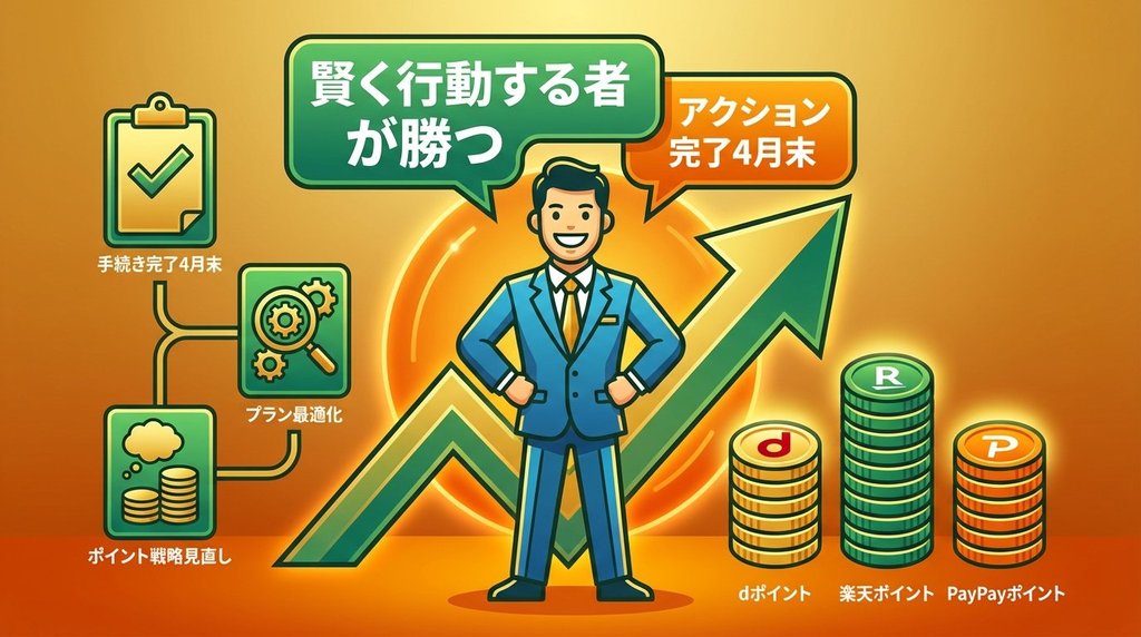 ポイ活改悪を乗り越えて賢く行動した結果dポイント・楽天ポイント・PayPayポイントが積み上がる未来イメージ