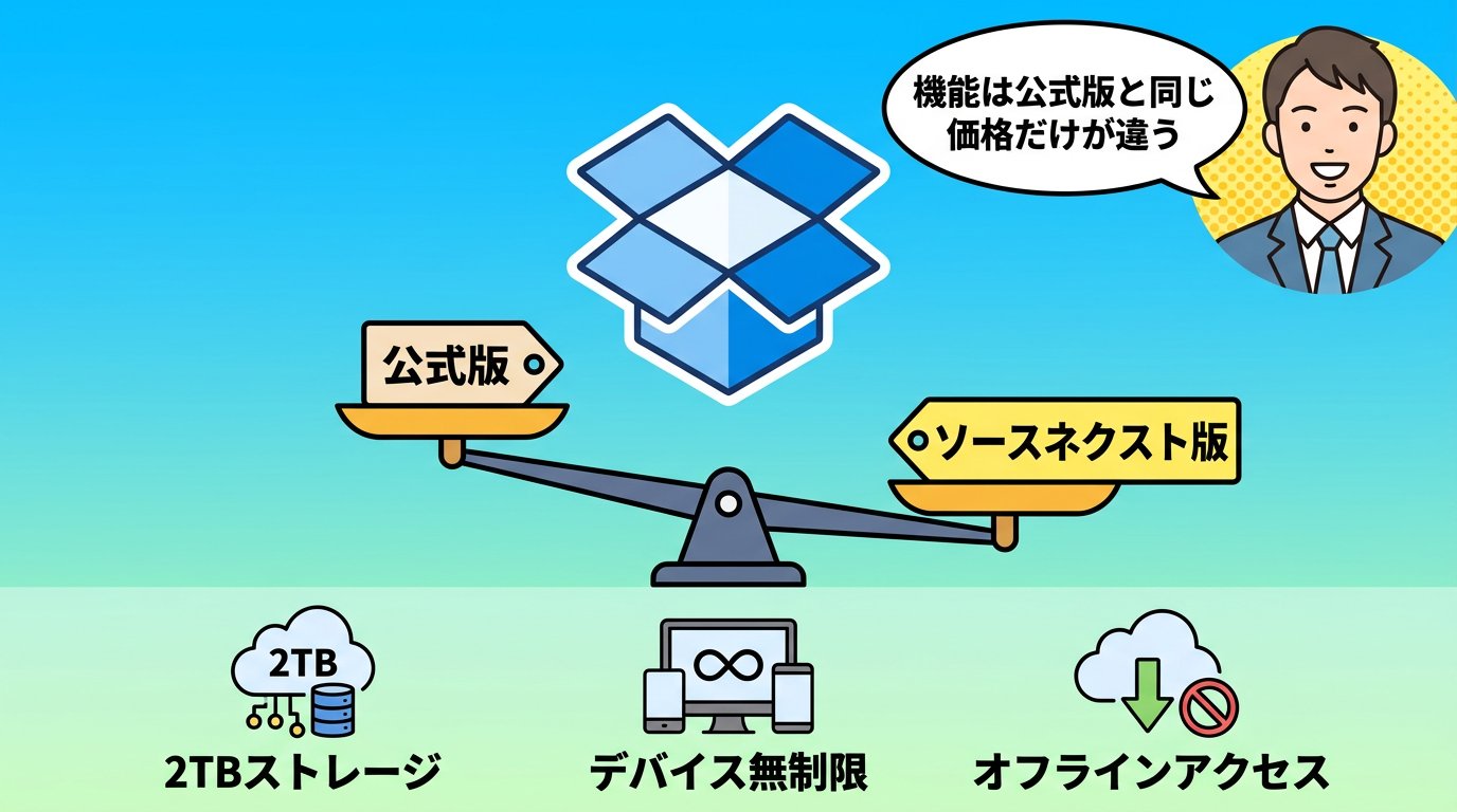 公式版とソースネクスト版Dropboxの機能・価格比較図